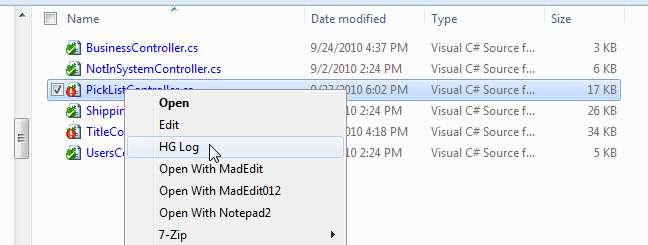 Hg Log Context Menu